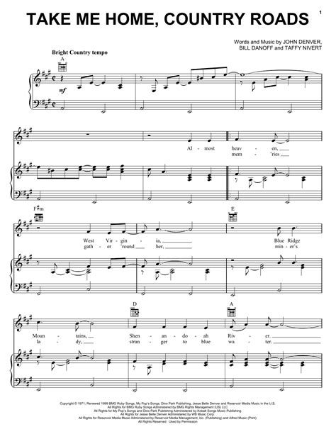 John Denver "Take Me Home, Country Roads" Sheet Music Notes | Download ...