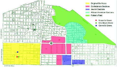 Map of Oakland Cemetery with color coded sections. | Download ...