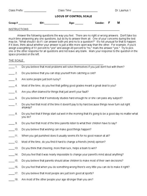 Locus of Control Scale | Psychology & Cognitive Science | Behavioural Sciences