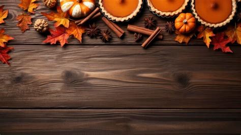 Premium AI Image | Pumpkin pie and autumn leaves on wooden background with copy space Generative AI