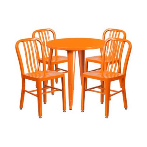 30'' Round Orange Metal Indoor-Outdoor Table Set with 4 Vertical Slat Back Chairs, 1 - Foods Co.