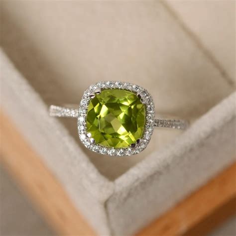 Peridot Engagement Ring, Sterling Silver, Cushion Cut Peridot, August Birthstone Ring, Natural ...