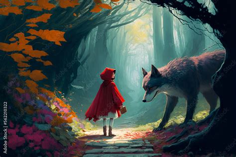 Little Red Riding Hood meets the wolf in the woods Stock Illustration ...