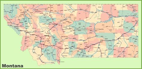 Road map of Montana with cities