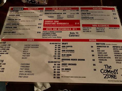 Menu at The Comedy Zone club, Charlotte