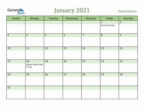 Fillable Holiday Calendar for United States - January 2021