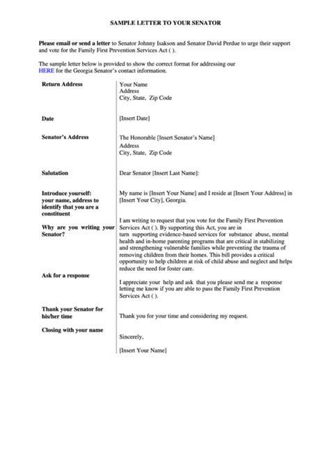 Sample Letter To Your Senator Template printable pdf download