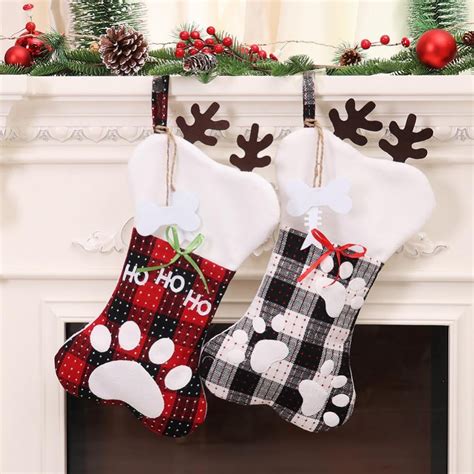 Pet Dog Christmas Stockings Set of 2, Buffalo Plaid Christmas Stockings Large Bone Shape Hanging ...