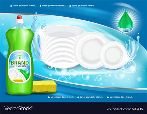 Vector 3d illustration of green color dishwashing liquid product advertisement. Plastic bottle ...