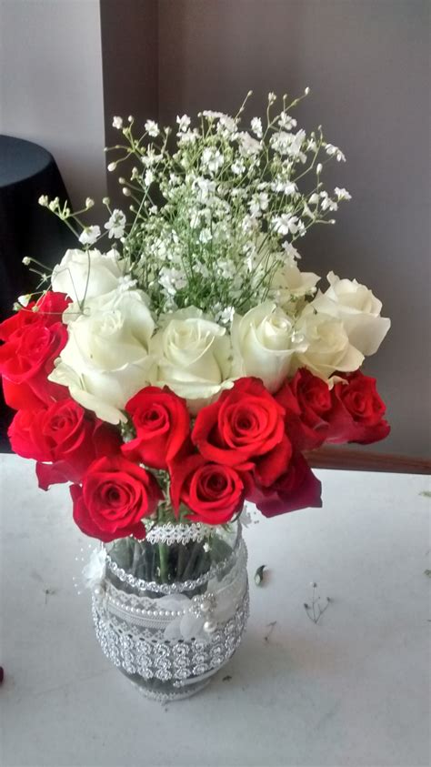 Red and white rose arrangement | White flower arrangements, Rose ...