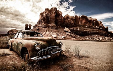 Download wallpapers abandoned car, desert, old cars, offroad, mountauns, USA, America for ...