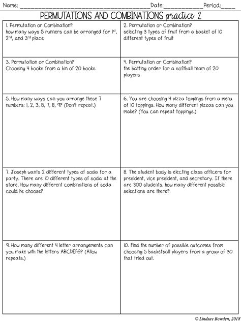 Permutations and Combinations Notes and Worksheets - Lindsay Bowden