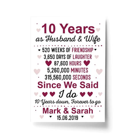 10th Wedding Anniversary Gift Wife Husband Personalised