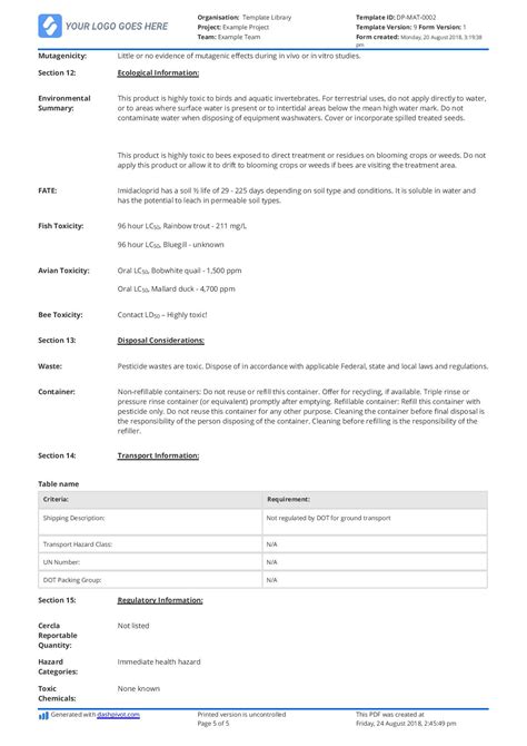 Example of Material Safety Data Sheet (MSDS) - Free and customisable