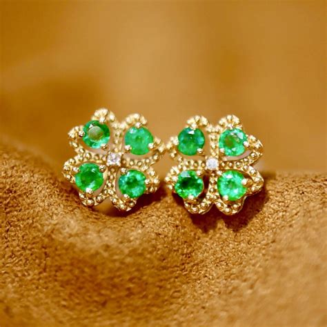 Genuine Emerald Earrings Studs/18k Yellow Gold Round Emerald Studs/push ...