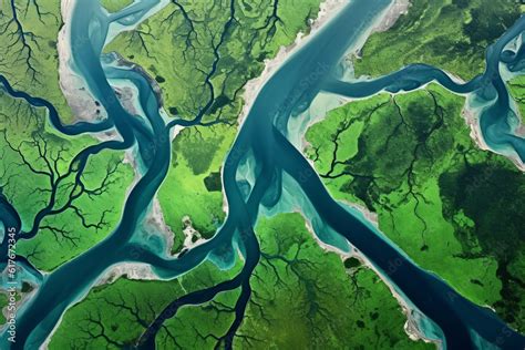 The river delta as seen from an aerial shot. The bends and curves ...