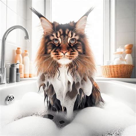 A Maine Coon Cat Sits Calmly in a Bathtub Filled with Water, Showcasing ...