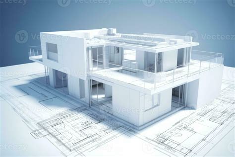 Building project plan. Blueprint of a modern house with 3d model ...