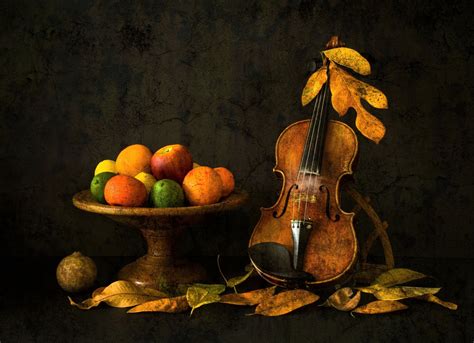 Download Fruit Bowl Leaf Fall Violin Photography Still Life HD Wallpaper