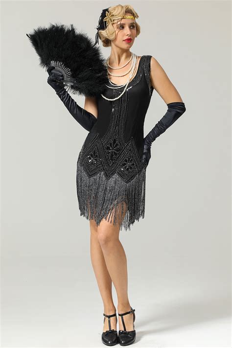 ZAPAKA 1920s Sequined Flapper Dress Black Knee Length Vintage Holiday Party Dresses – ZAPAKA UK