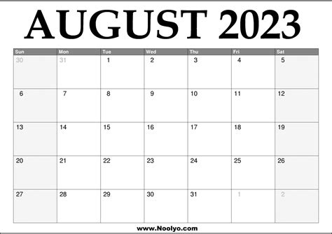 August 2023 Monthly Calendar Template - Riset