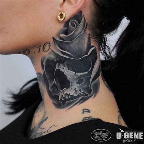 Grey Skull Neck Tattoo