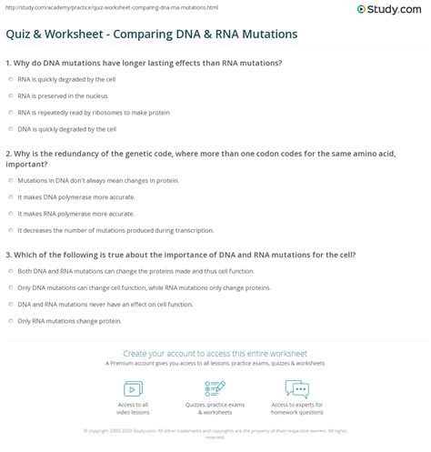 Quiz & Worksheet - Comparing DNA & RNA Mutations | Study.com