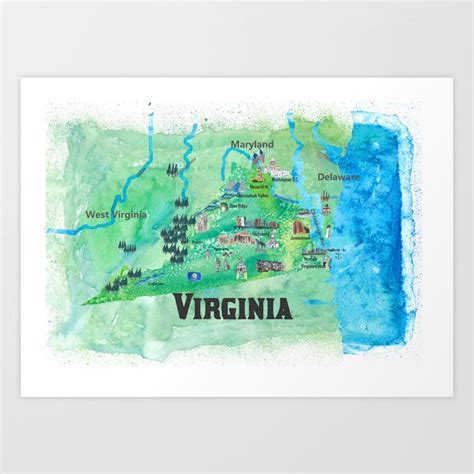 USA Virginia State Travel Poster Map with Touristic Highlights Art Print by artshop77 | Society6