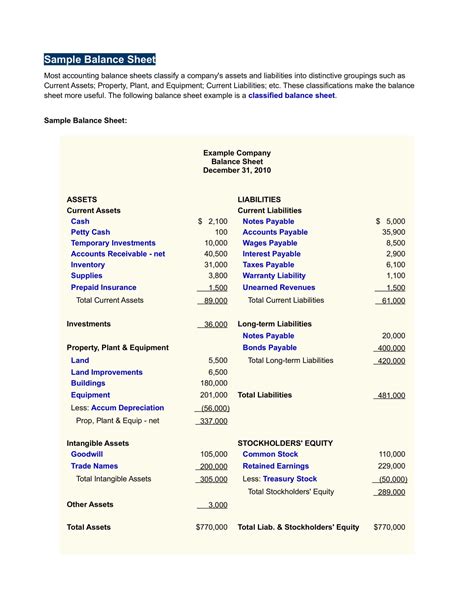 Free Printable Classified Balance Sheet Templates [Excel, PDF] Example