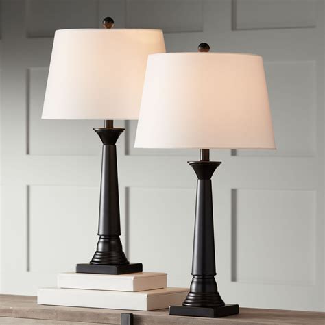 360 Lighting Rustic Farmhouse Table Lamps 28" Tall Set of 2 Deep Bronze Tapered Column Off White ...