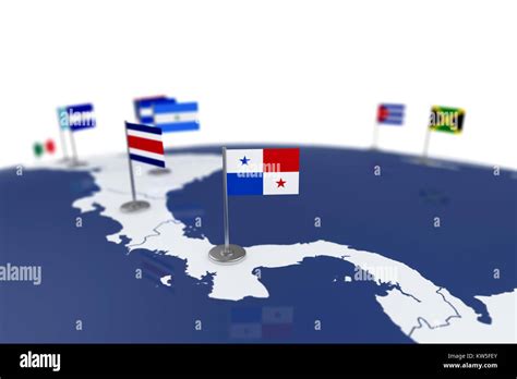 Panama flag. Country flag with chrome flagpole on the world map with ...