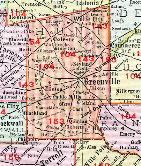 Hunt County, Texas, Map, 1911, Greenville, Wolfe City, Commerce ...