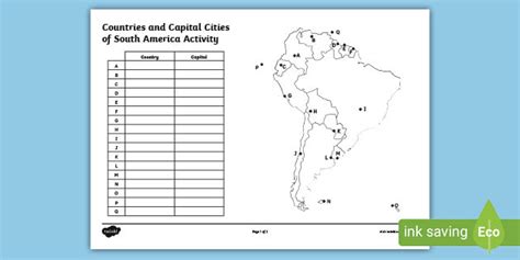 The Countries and Capital Cities of South America Labelling Worksheet