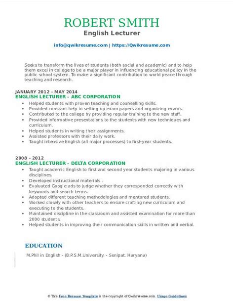 Lecturer Resume Sample