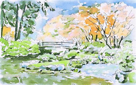 "Japanese garden" | digital watercolor Garden Watercolor, Digital Watercolor, Digital Paintings ...