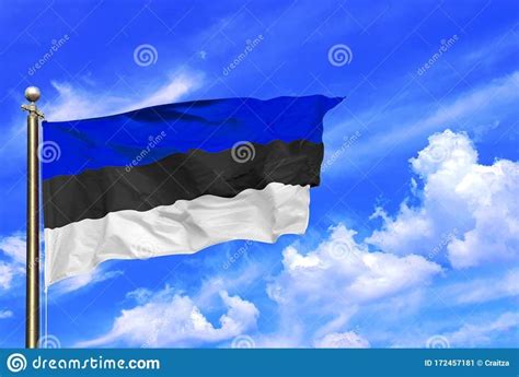 Estonia Blue Black White Stripes National Flag Waving In The Wind On A Beautiful Summer Blue Sky ...