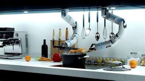 Robot Chef cooking soup 3d realistic animated scene Vray model