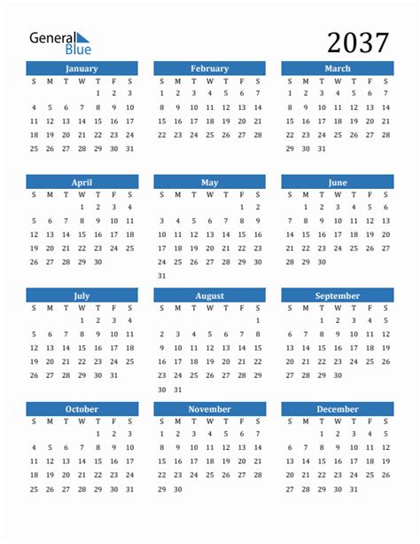 Free 2037 Calendars in PDF, Word, Excel