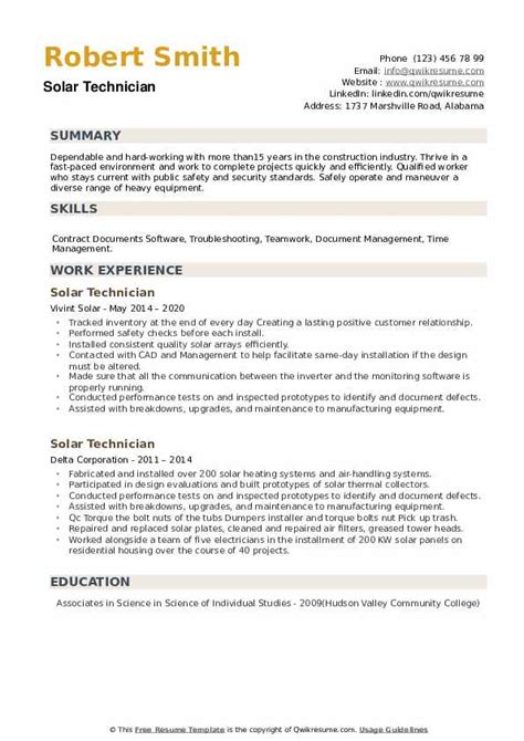 Solar Technician Resume Samples | QwikResume