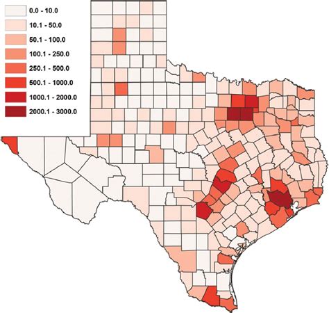 Texas Population Density by County Per Square Kilometer. Map Created by ...