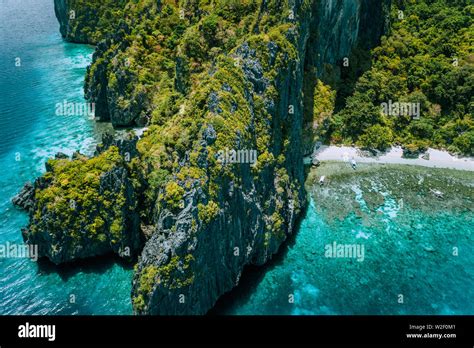 Aerial drone view of tropical island Entalula El Nido Palawan, Bacuit archipelago Philippines ...