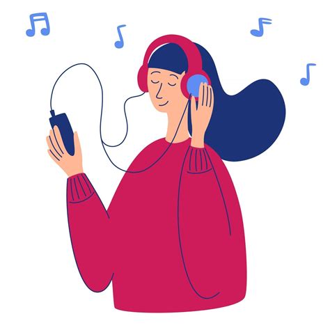 Vector cartoon illustration of young pretty woman in headphones listening music Music lover ...