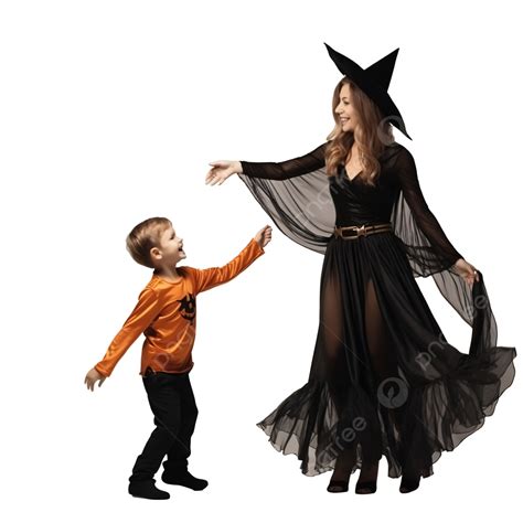 Mother And Son Dance In Halloween Costumes In The Autumn Forest, Mom ...