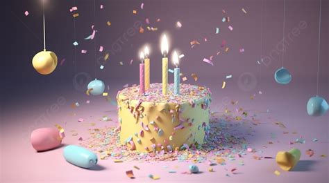 Pastel Themed Birthday Party Background With 3d Rendered Cake Candle And Popper Bursting With ...