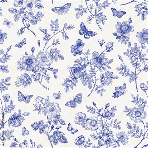 Vintage floral illustration. Seamless pattern. Wild Roses with ...