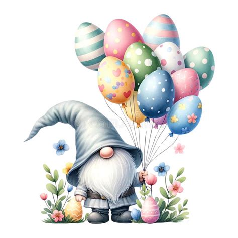 Easter Gnome Holding Colorful Helium Balloons in Easter Shapes Watercolor Clipart. AI Generate ...