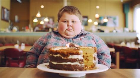 Premium Photo | Fat boy 10 years old with a cake on blur cafe background