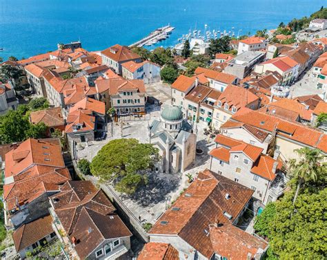 Aerial view of Herceg Novi, Montenegro, local church stock photo