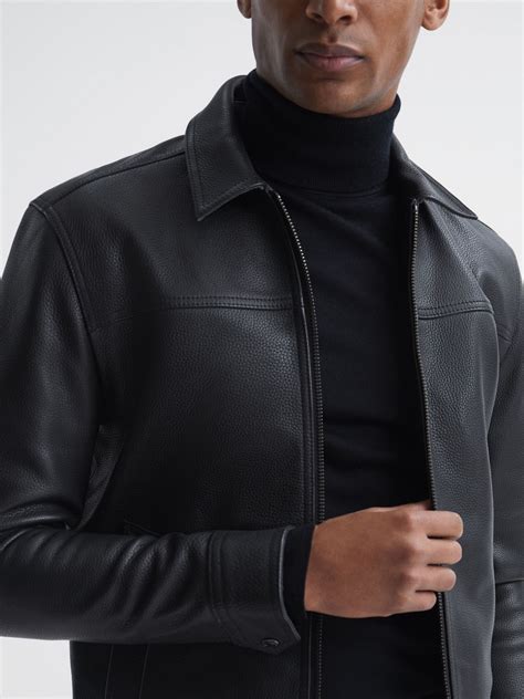 Zip Through Leather Jacket in Black - REISS