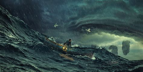 Download Wave Storm Ocean Sea Boat Artistic Fantasy 4k Ultra HD Wallpaper